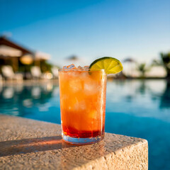 Cóctel Tropical Alto con Lima en Borde de Piscina de Resort al Atardecer