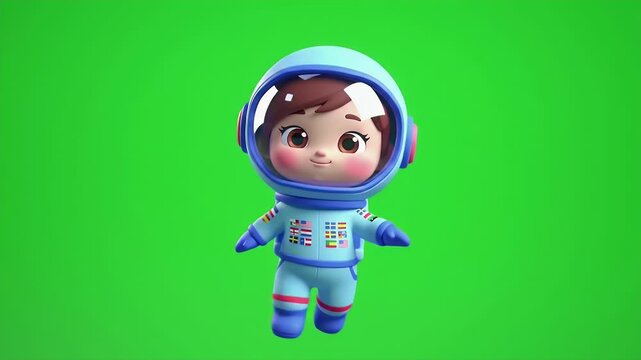3D Render Of Cartoon Cute Astronaut Girl In Light Blue Space Suit With Flag Patches Isolated By Green Screen