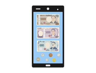 スマホとお札を組み合わせたデジタルマネーをイメージしたイラスト