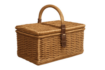 Closed wicker picnic basket with brown leather strap and handle isolated on transparent background, ready for outdoor dining