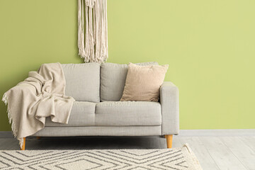 Interior of minimalist  living room with sofa, rug and decor near green wall
