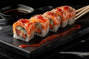 Delicious Japanese Sushi Rolls. Fresh Seafood Cuisine with Soy Sauce and Wasabi on Elegant Black Background