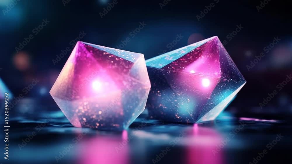 Poster abstract glowing gems with internal luminescence shimmering on reflective surface