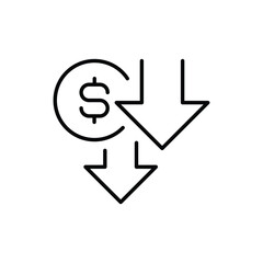 Line Art Icon of Money Value Decreasing and Price Drop Budget Outline Financial Cost Saving