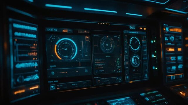 Futuristic spacecraft interior display featuring neon blue orange digital readouts and gauges on black screens