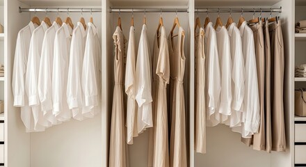 Elegant wardrobe interior with organized clothing on wooden hangers displaying a neutral color palette of whites and creams perfect for fashion and lifestyle themes