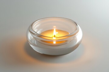 A single candle burning brightly inside a clear glass holder on a white surface casting soft shadows