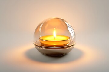 Illuminated candle within a clear glass dome on a white surface casting soft warm light around it