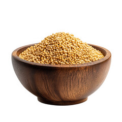 Yellow mustard seeds in wooden bowl isolated