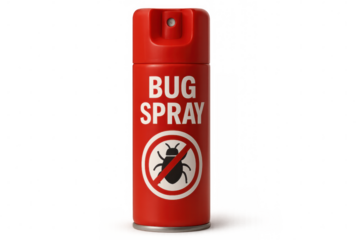 Red insecticide spray can with no-bug symbol, isolated on transparent background, offering pest control solution