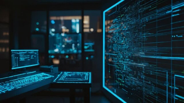 Futuristic tech workspace with data visualization on large screen in a dark environment - Powered by Adobe