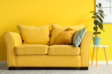 Interior of stylish living room with cozy sofa, picture and houseplant