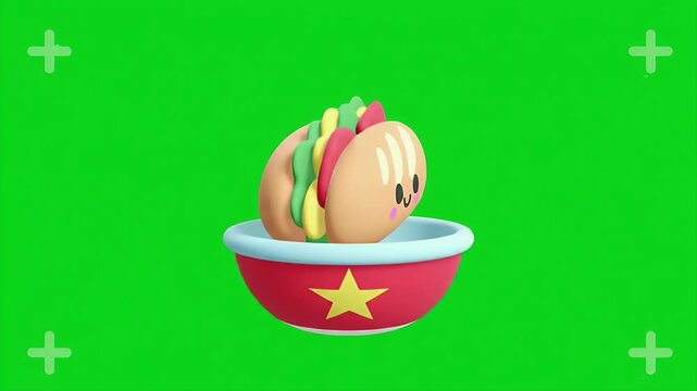 Cartoon Hotdog in Red Bowl Isolated by Green Screen in 3D Render Cute Style