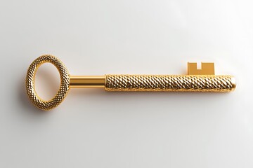 A textured golden key lying horizontally on a plain white surface in a studio shot setting