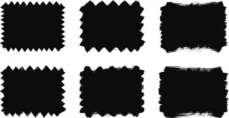 Black vector rough edge rectangles. Grunge square frames set. Jagged edge torn paper background collection. Paint brush strokes. Grungy distressed text boxes. EPS 10 version.
