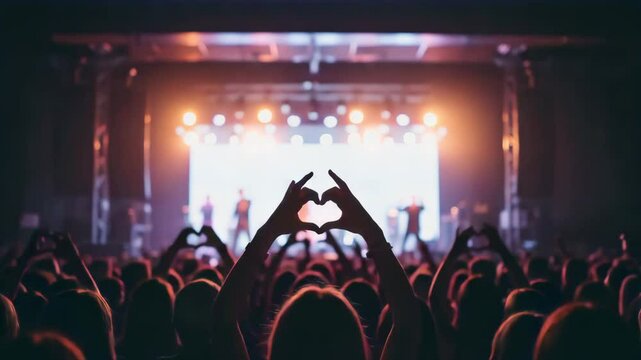 Hands forming heart shapes at music concert under colorful lights, expressing fan connection, community, celebration, and emotional connection with the artist or live performance.

