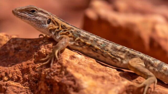 Lizard perches calmly upon warm red rock a desert landscape reptile sunning