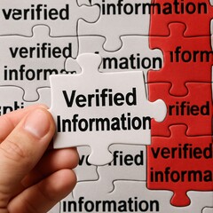 Puzzle piece labeled “Verified Information” being placed into a matching puzzle, symbolizing truth, accuracy, validation, data integrity, fact-checking, and trust in reliable sources