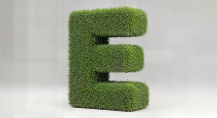 Vibrant green letter E seamlessly blends into a pristine white background, surrounded by lush blades of grass, creating a refreshing and modern visual statement.
