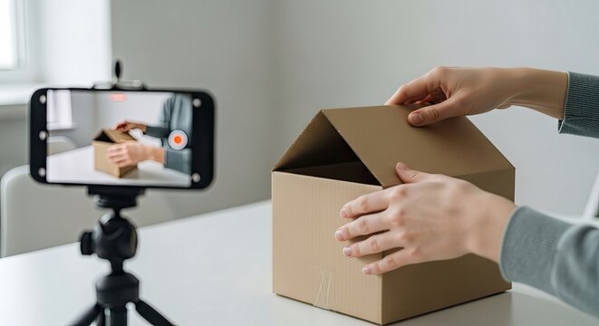 A person is opening a cardboard box on a white table with a smartphone recording the process. The scene takes place indoors with natural light.