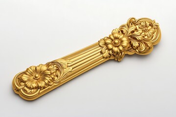 Close up shot of golden decorative molding with floral details on a white background surface