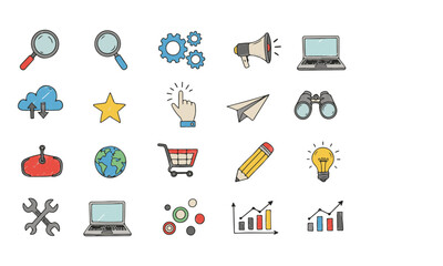 Colorful Hand-Drawn SEO & Digital Marketing Icon Set