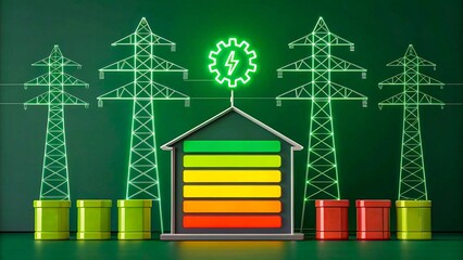 Energy efficiency concept with house power levels barrels and electric towers
