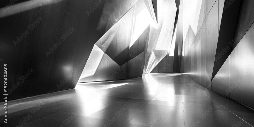 Poster explore abstract architecture with geometric shapes and light play in hall