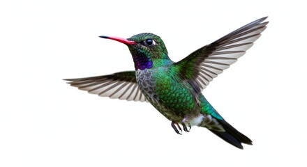 Obraz premium A close-up of a hummingbird in mid-flight, vibrant green and purple iridescent feathers, wings outstretched, against a white background. Bright, natural lighting accentuates color contrast and detail.