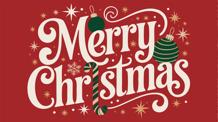 Merry Christmas typography with festive ornaments and candy cane.