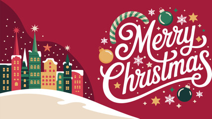 Merry Christmas typography with festive ornaments and candy cane.