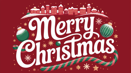 Merry Christmas typography with festive ornaments and candy cane.