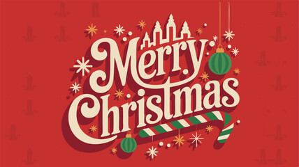 Merry Christmas typography with festive ornaments and candy cane.