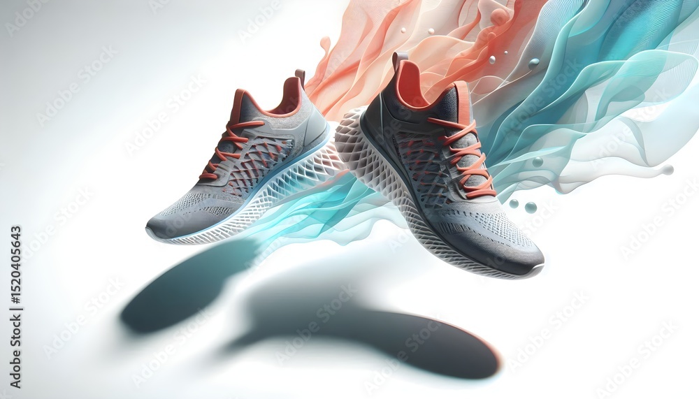Poster pair of vibrant modern running shoes floating mid-air with breathable mesh texture on pure white bac