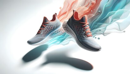 Pair of vibrant modern running shoes floating mid-air with breathable mesh texture on pure white background with soft shadow