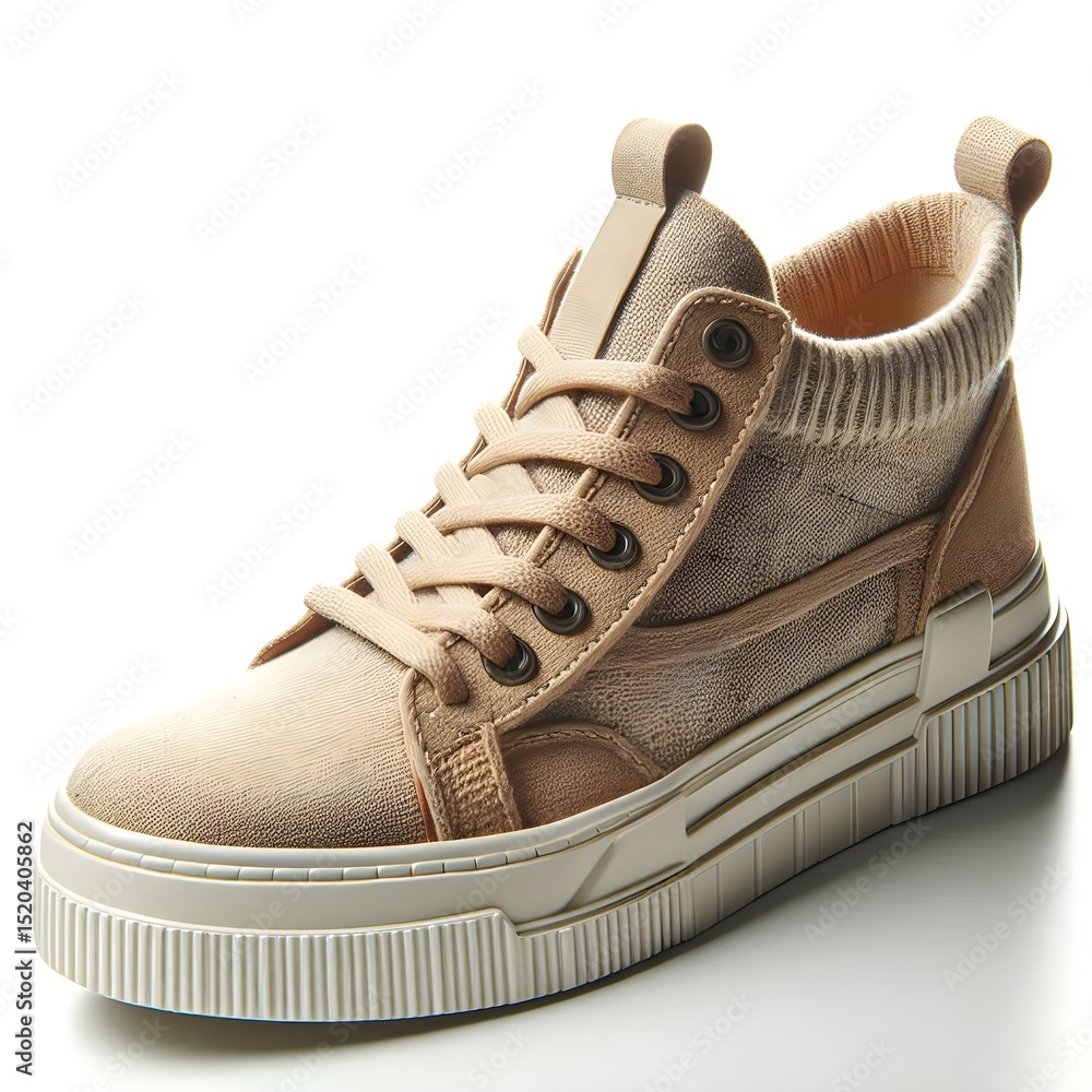 Poster realistic canvas casual shoes in neutral tones captured in side angle product view with soft studio 