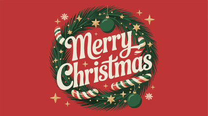 Merry Christmas typography with festive ornaments and candy cane.