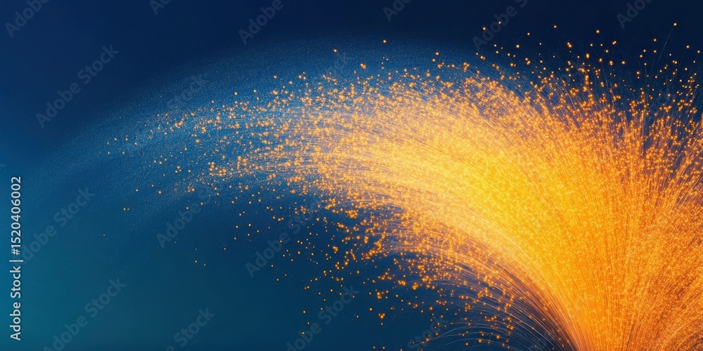 Poster golden fibers expand on blue, creating a flowing effect and abstract concept