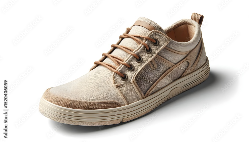 Poster simple and stylish canvas shoes in beige tones, displayed in side view with subtle lighting on white