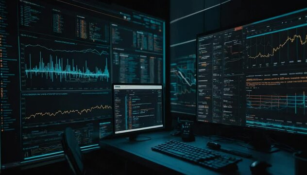 High tech computer displays show complex data analysis and financial charts with digital code and graphs - Powered by Adobe