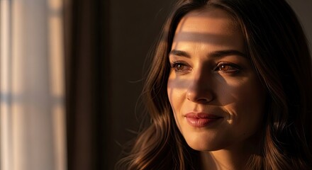 A close-up portrait of a woman illuminated by warm sunlight near a window. Her expression is contemplative her skin glows with a soft light and her hair gently frames her face.