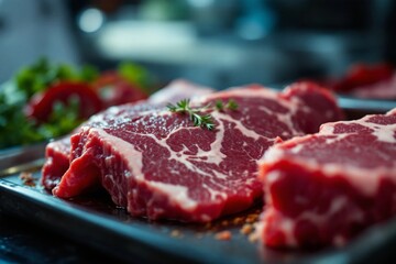 Obraz premium Close-up shot of raw beef steaks seasoned with herbs