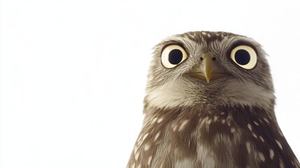 Fototapeta premium Close-up Owl with Wide Eyes, Against White Background, Possible Use in Educational Materials