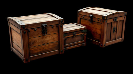 [Transparent Background PNG]Three old wooden chests on a black background