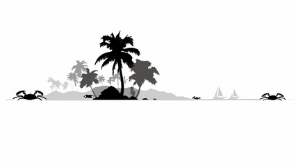 Silhouette of a tropical island with palm trees crabs and sailboats in a grayscale color palette view landscape editable vector eps,ai
