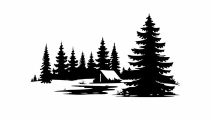 Silhouette of a forest with pine trees and a small tent nestled among the trees in a monochrome scene editable vector eps,ai