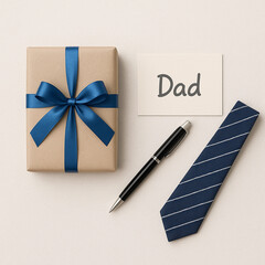 Wrapped gift box with blue ribbon, greeting card labeled 'Dad', and small props like a tie or pen, placed on light textured background. Clean and minimalist design, high resolution