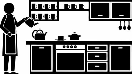 Person pouring tea in a kitchen with cabinets, mugs, oven, and cooking utensils in black and white style editable vector eps,ai silhouette