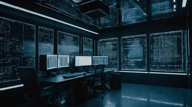 Inside a cyber security operations center with data visualization and multiple computer monitors depicting complex code