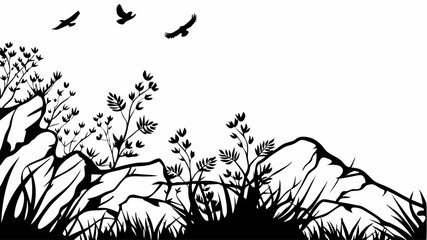 Black and white silhouette of mountains with vegetation and birds flying in the sky landscape view editable vector eps,ai